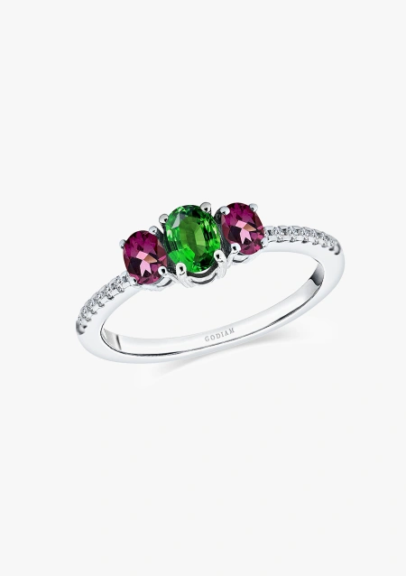Anel MINI RAINBOW ouro branco 18K diamantes e tsavorita.