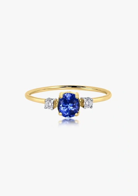 Anillo Trilogía LITTLE MINI RAINBOW en oro amarillo y blanco de 18K con diamantes talla brillante y tanzanita talla oval