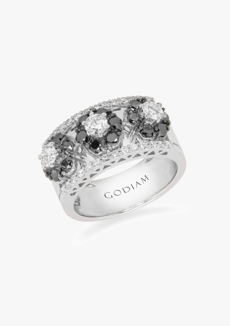 GENEVA 18K white gold ring with 3 black & white brilliant cut diamonds rosettes