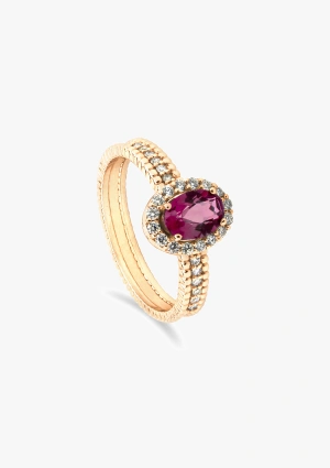 Anillo PATRICIA en oro rosa de 18 quilates con diamantes talla brillante coronado por una turmalina rubelita talla oval