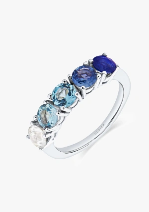 Bague demi-éternité BLUE DEGRADÊ en or blanc 18 carats avec topazes bleues et saphirs taille brillant
