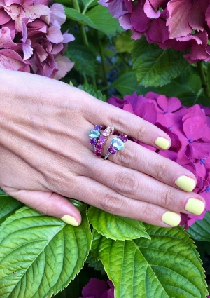 Bague demi-éternité PINK DEGRADÊ en or rose 18 carats avec tourmalines roses et saphir taille brillant 2