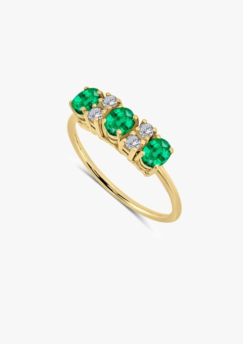 Anillo LAURA en oro amarillo de 18K con diamantes talla brillante y esmeraldas talla oval