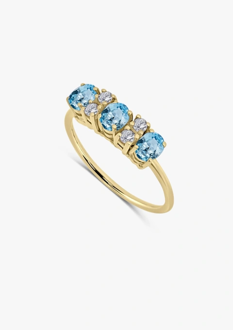 Anillo LAURA en oro amarillo de 18K con diamantes talla brillante y aguamarinas talla oval
