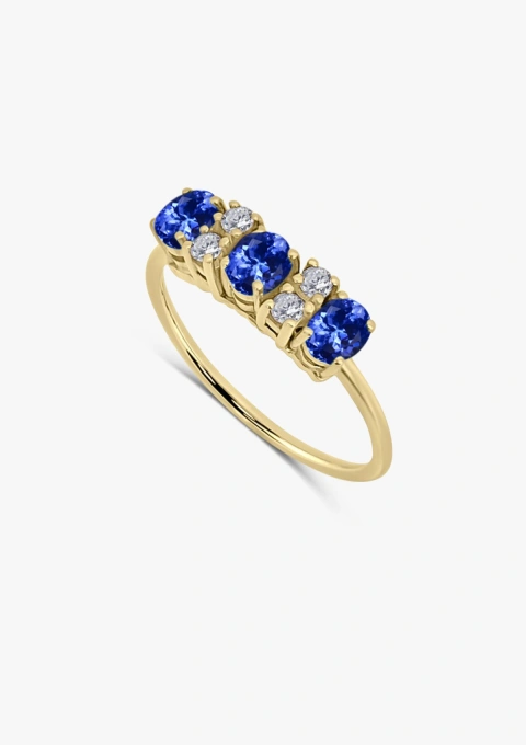 Anillo LAURA en oro amarillo de 18K con diamantes talla brillante y tanzanitas talla oval