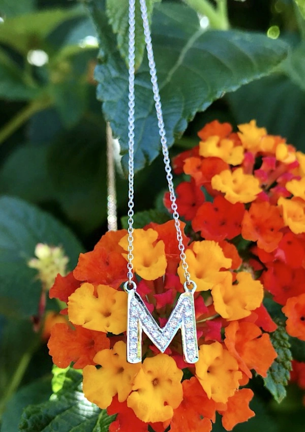 Pendentif initial M maxi avec une fine chaîne rolo en or blanc 18 carats et diamants taille brillant. 2