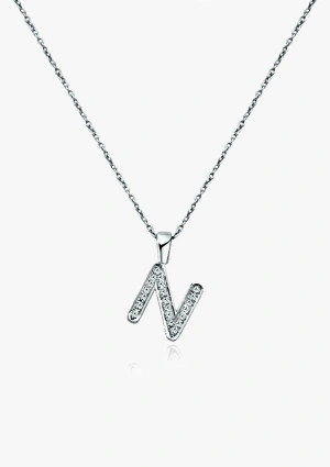 Grand pendentif initial N avec une fine chaîne rolo en or blanc 18 carats avec diamants taille brillant.