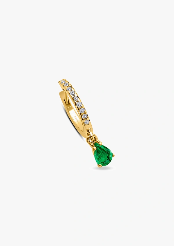 PIXIE PEAR 18K yellow gold with brilliant cut diamonds and pear cut emerald mini huggie earrings