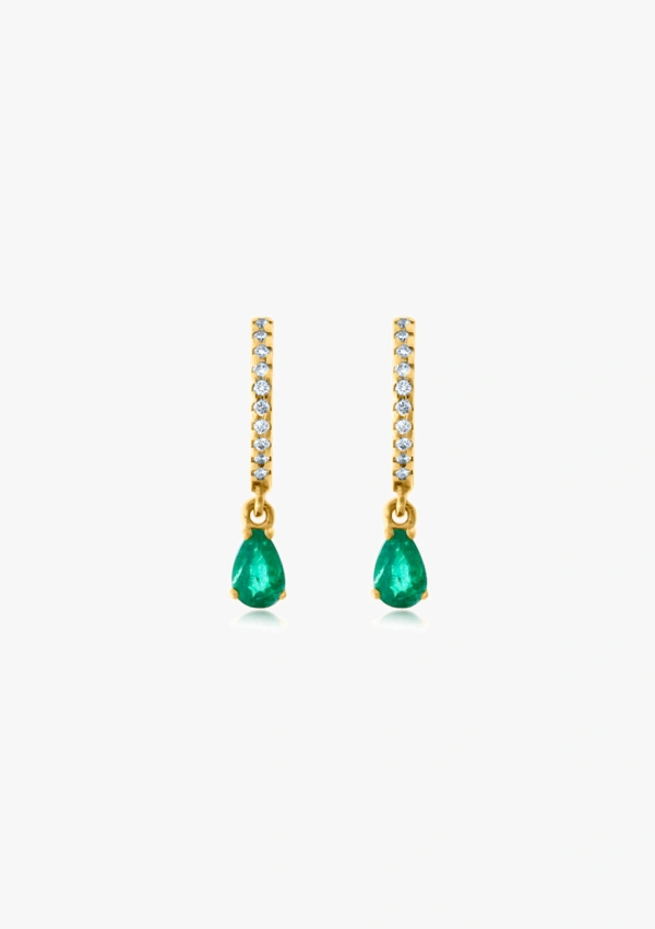 PIXIE PEAR 18K yellow gold with brilliant cut diamonds and pear cut emerald mini huggie earrings 2