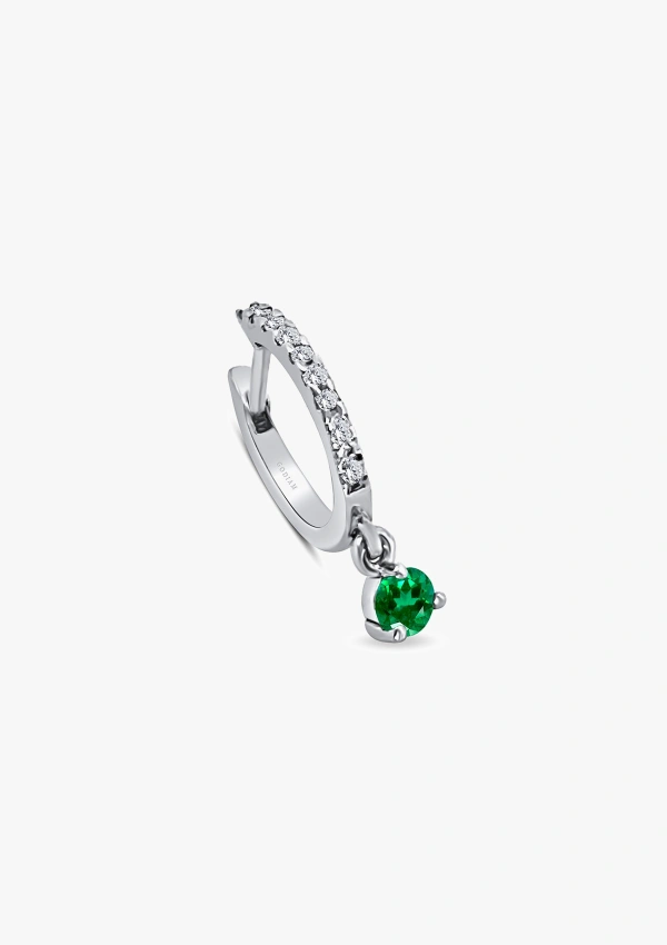 PIXIE ROUND 18K white gold with brilliant cut diamonds and emerald mini huggie earrings