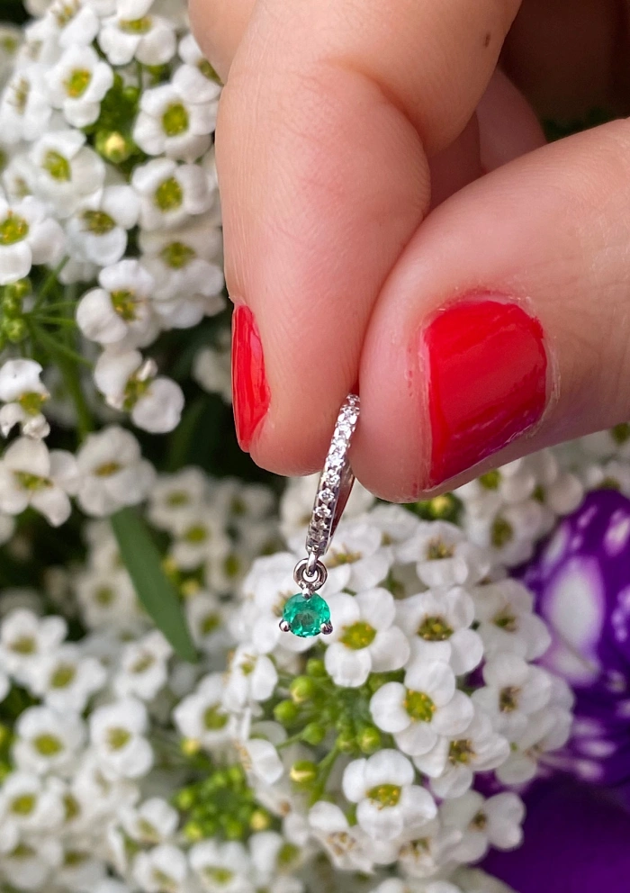 PIXIE ROUND 18K white gold diamonds & emerald mini huggies.