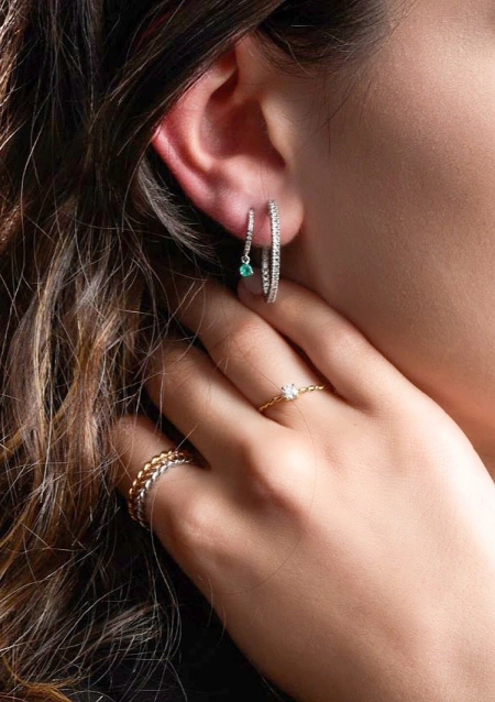 PIXIE ROUND 18K white gold diamonds & emerald mini huggies.