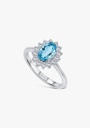Bague BIG MELROSE en or 18 carats avec une rosace de diamants taille brillant et une aigue-marine taille ovale.