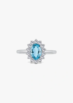 BIG MELROSE 18K gold with brilliant cut diamonds and oval cut aquamarine rosette ring 2