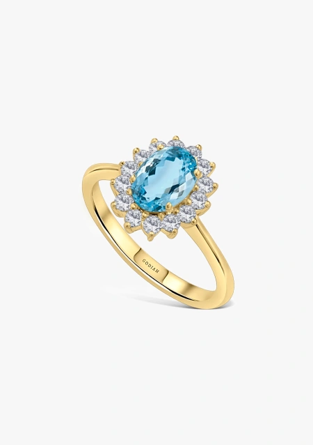 BIG MELROSE 18K gold diamond and aquamarine rosette ring.
