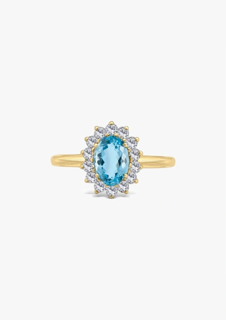 BIG MELROSE 18K gold diamond and aquamarine rosette ring.