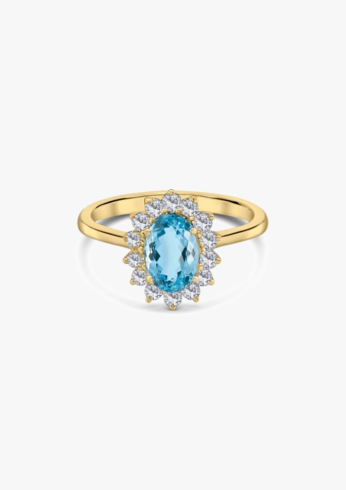 Bague BIG MELROSE en or 18K avec diamants et aigue-marine.
