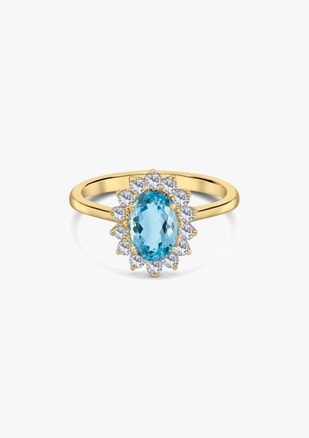 BIG MELROSE 18K gold diamond and aquamarine rosette ring.
