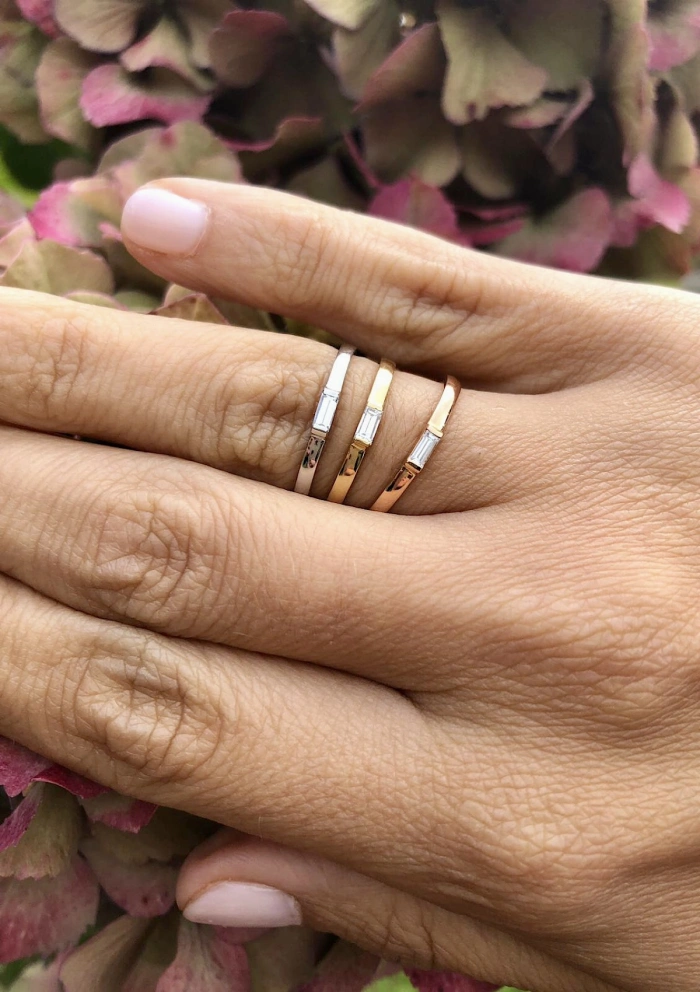 EVA 18K rose gold with baguette cut diamond wedding ring.