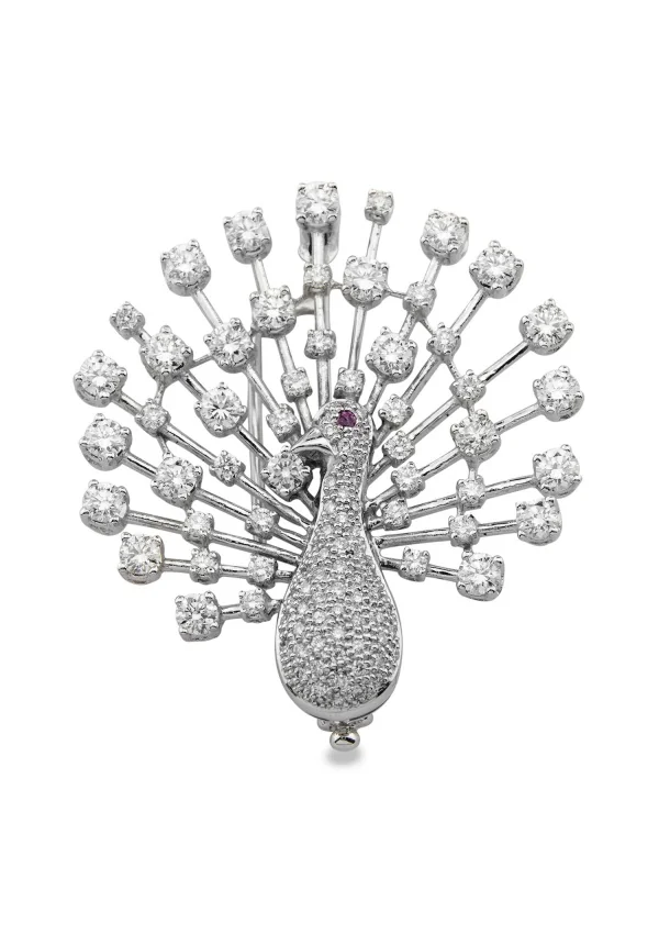 Broche PITTI PEACOCK en oro blanco de 18 quilates con diamantes