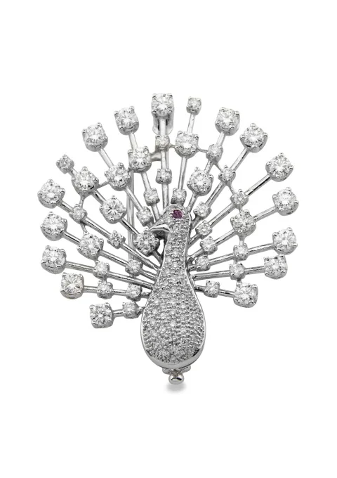 Broche PITTI PEACOCK en oro blanco de 18K y diamantes|Luxury By GODIAM|Godiam Alta Joyería