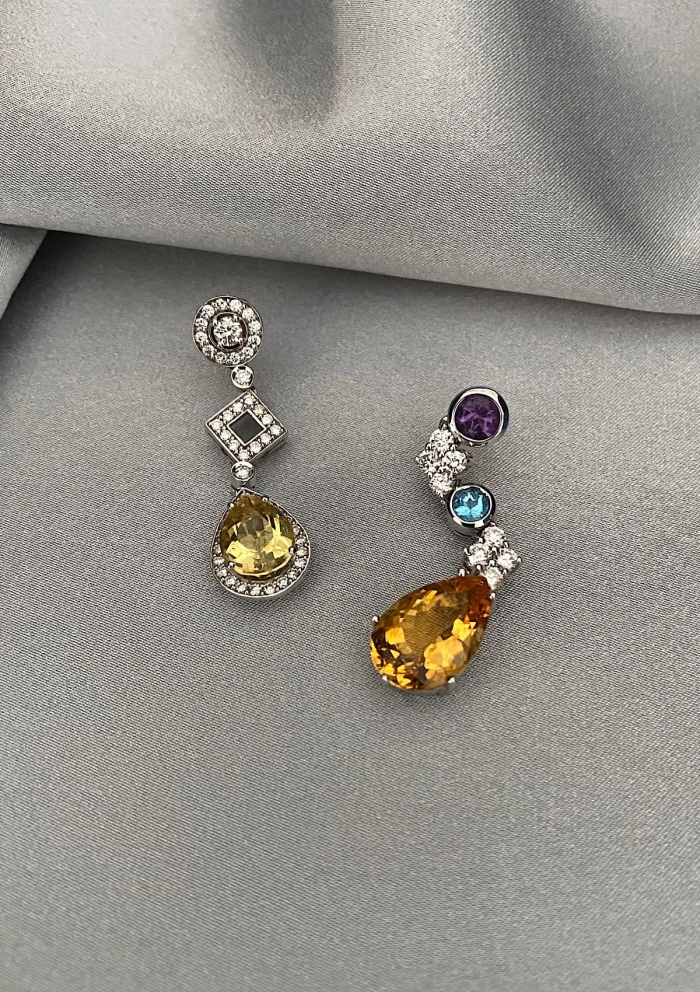 AIDA 18K white gold with diamonds and beryls long earrings,
