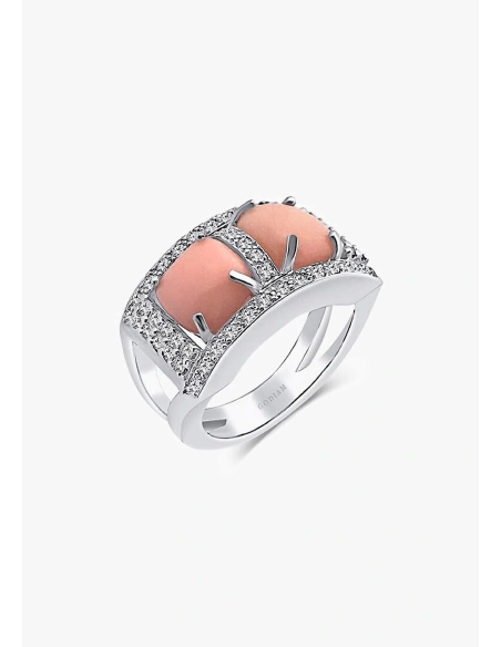 Bague PINK TWINS en or blanc 18K diamants et coraux roses.