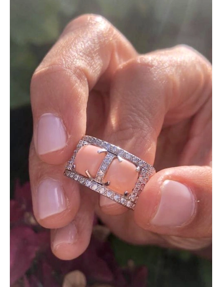 Bague PINK TWINS en or blanc 18K diamants et coraux roses.