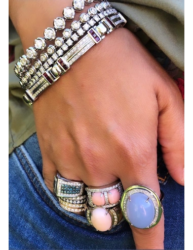 Bague PINK TWINS en or blanc 18K diamants et coraux roses.