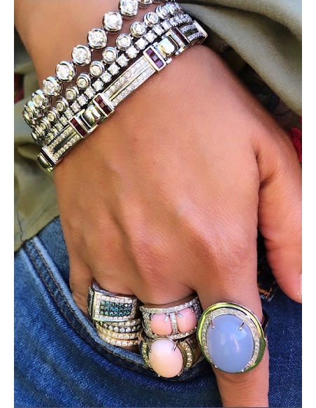 Bague PINK TWINS en or blanc 18K diamants et coraux roses.