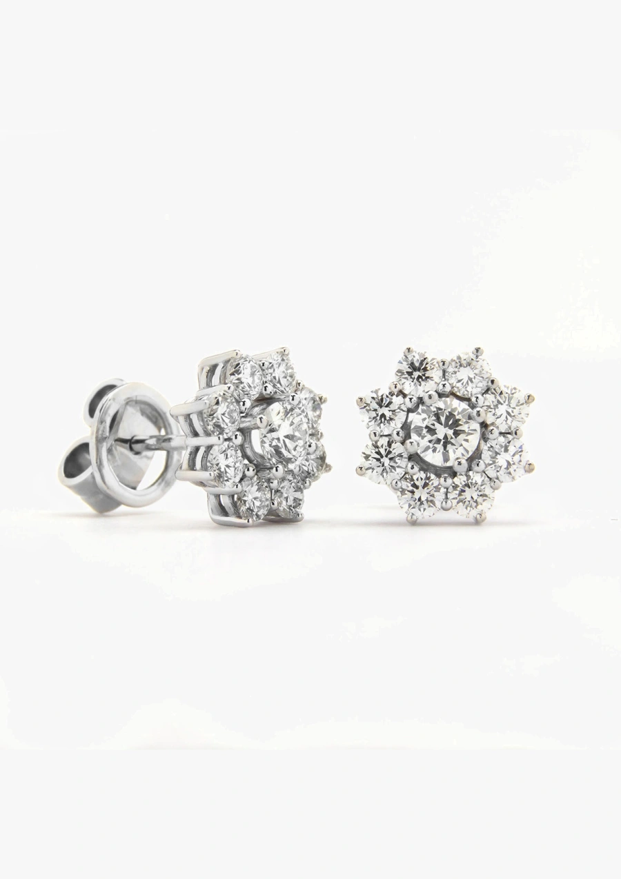 Brincos IRIA em ouro branco 18K e roseta de diamantes.