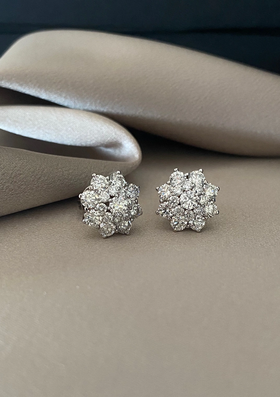 HORTENSIA 18K white gold 3-tier diamond rosette earrings.
