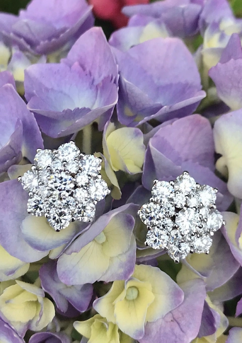 HORTENSIA 18K white gold 3-tier diamond rosette earrings.