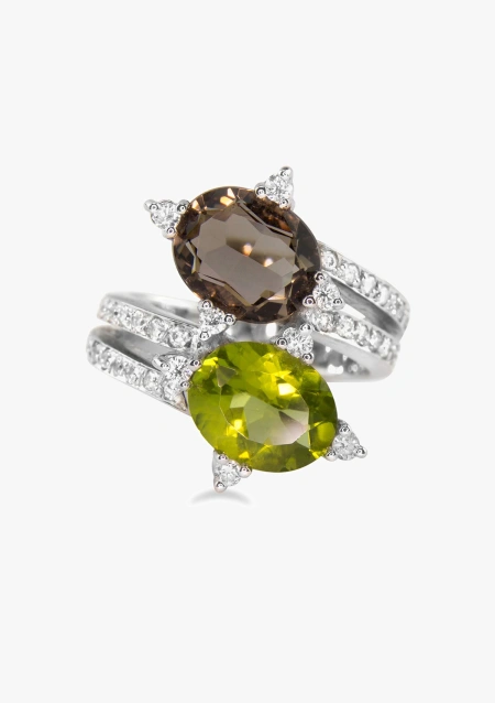 Bague MERMAID or blanc 18K diamants, peridot et quartz fumé.