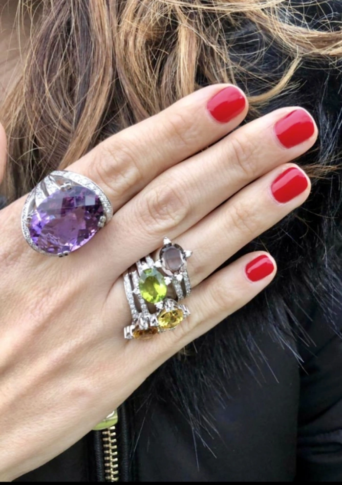 MERMAID 18K white gold diamonds peridot & smoky quartz ring.
