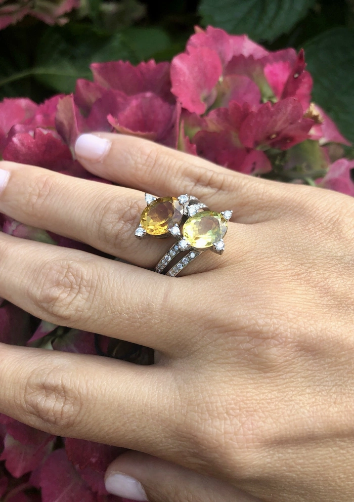 Bague MERMAID or blanc 18K diamants, peridot et quartz fumé.