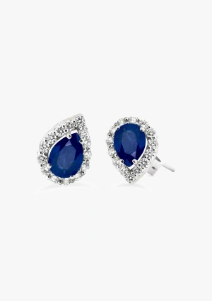 VIVA-LA-VIDA 18K white gold stud earrings with a halo of brilliant cut diamonds and pear cut blue sapphires