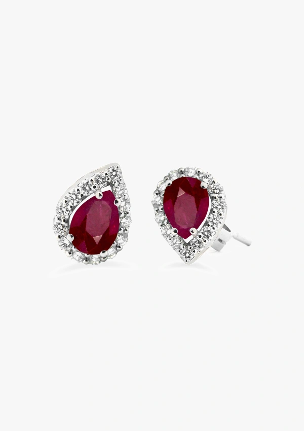 Boucles d'oreilles VIVA-LA-VIDA en or blanc 18K avec un halo de diamants taille brillant et de rubis taille poire
