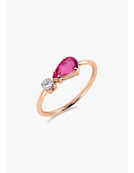 MIRAVELLE 18K rose gold ring with brilliant cut diamond and pear cut pink tourmaline