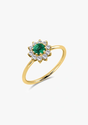 Bague SISSI en or jaune 18K rosace en diamants et émeraude.