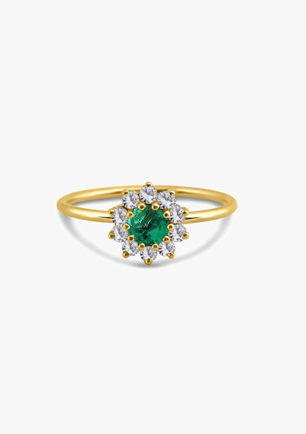 Bague SISSI en or jaune 18K rosace en diamants et émeraude. 2
