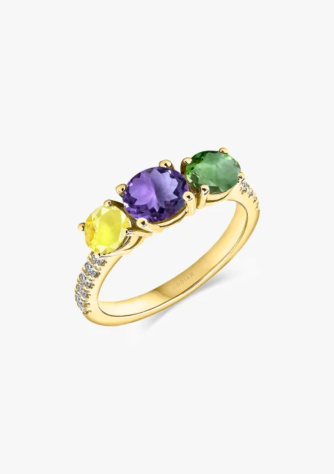 TRIBECA 18K yellow gold diamond iolite and tourmaline trilogy ring