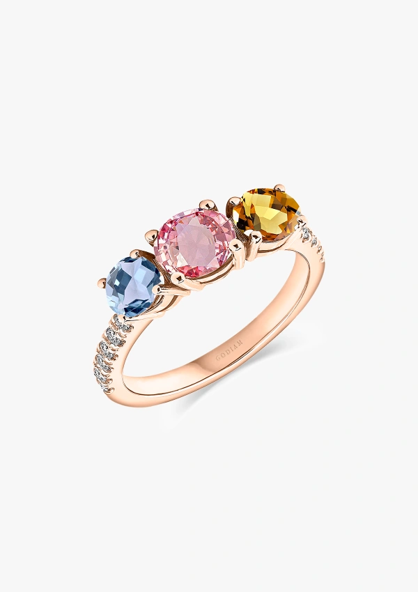 Bague trilogie TRIBECA or rose 18K diamants, tourmaline, citrine et aigue-marine