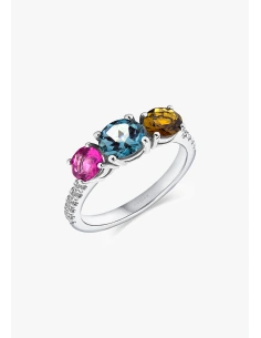 Anel TRIBECA ouro branco 18K diamantes topázio e turmalinas.