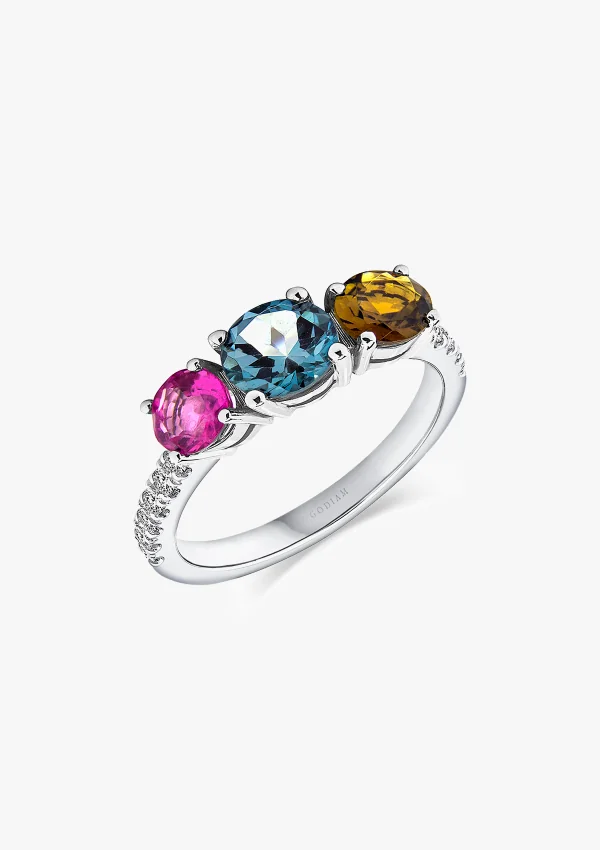 Bague trilogie TRIBECA or blanc 18K diamants, topaze London et tourmalines