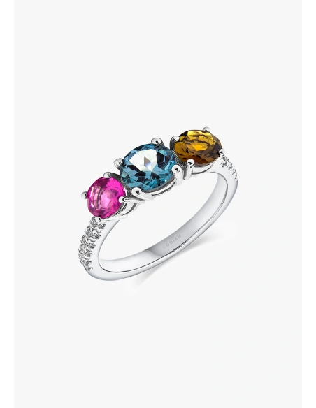 Anillo trilogía TRIBECA en oro blanco de 18K con diamantes, topacio London y turmalinas|Anillos con Otras Gemas Naturales|Godiam Alta Joyería