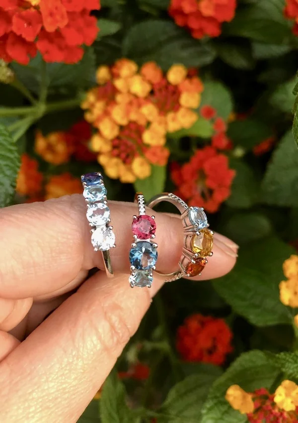 Bague trilogie TRIBECA or blanc 18K diamants, topaze London et tourmalines 2