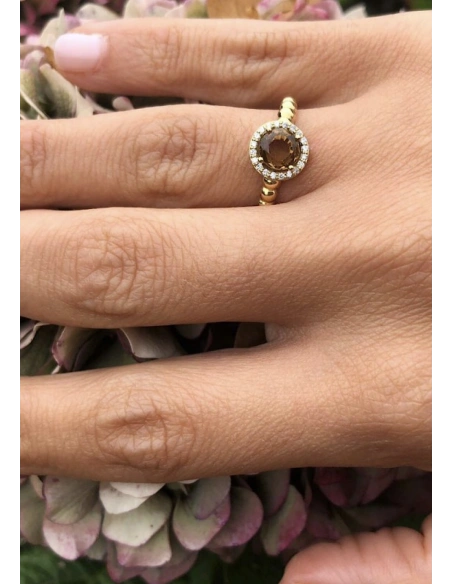 BURBUJAS 18K yellow gold diamonds and tourmaline halo ring.