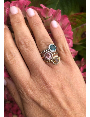 BURBUJAS 18K yellow gold diamonds and tourmaline halo ring.