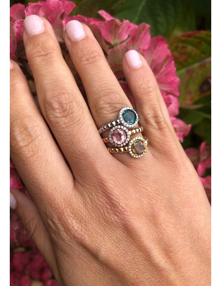 BURBUJAS 18K yellow gold diamonds and tourmaline halo ring.